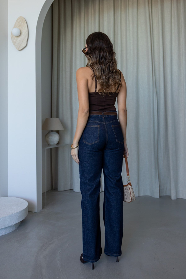 Asimetrik Dikiş Kemerli Denim Pantolon - LACİVERT