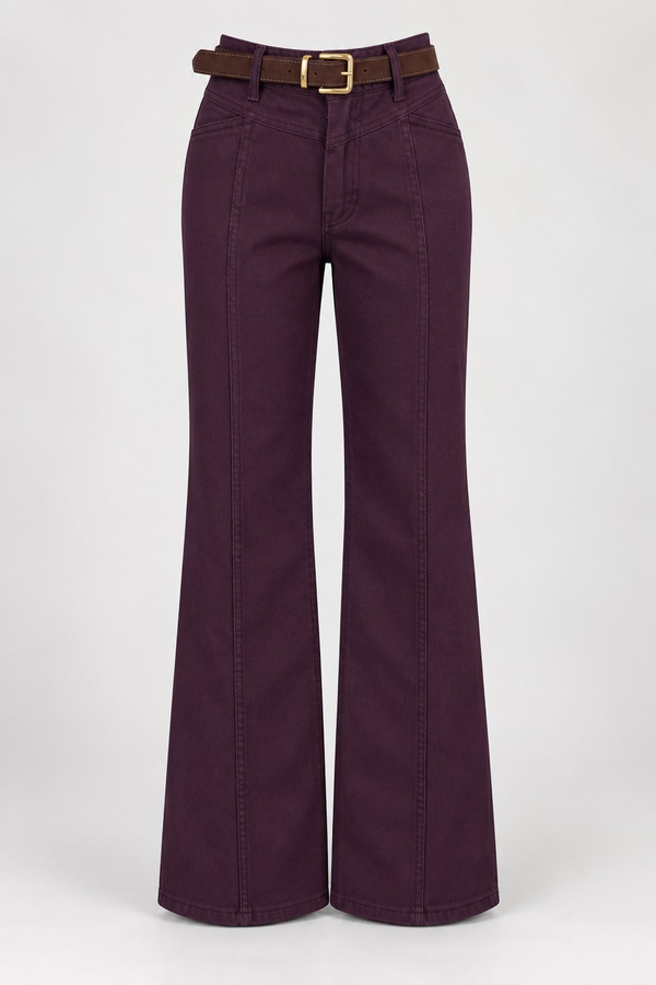 Asimetrik Dikiş Kemerli Denim Pantolon - MÜRDÜM