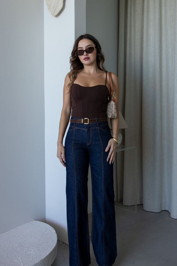 Asimetrik Dikiş Kemerli Denim Pantolon - LACİVERT