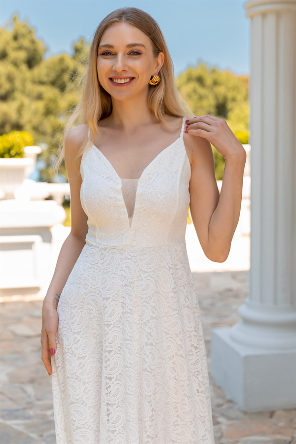 Askılı Dantel Abiye - BEYAZ