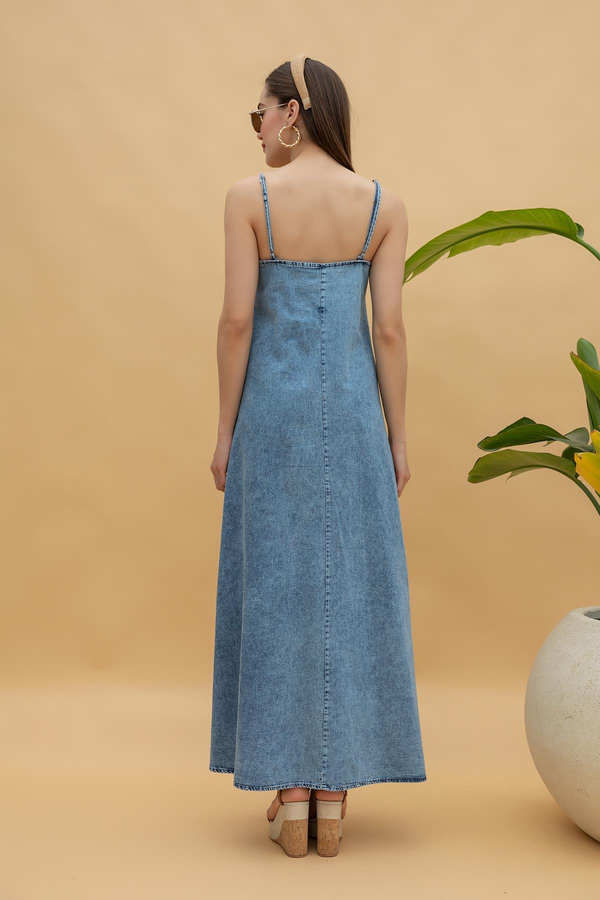 Askılı Denim Elbise - MAVİ