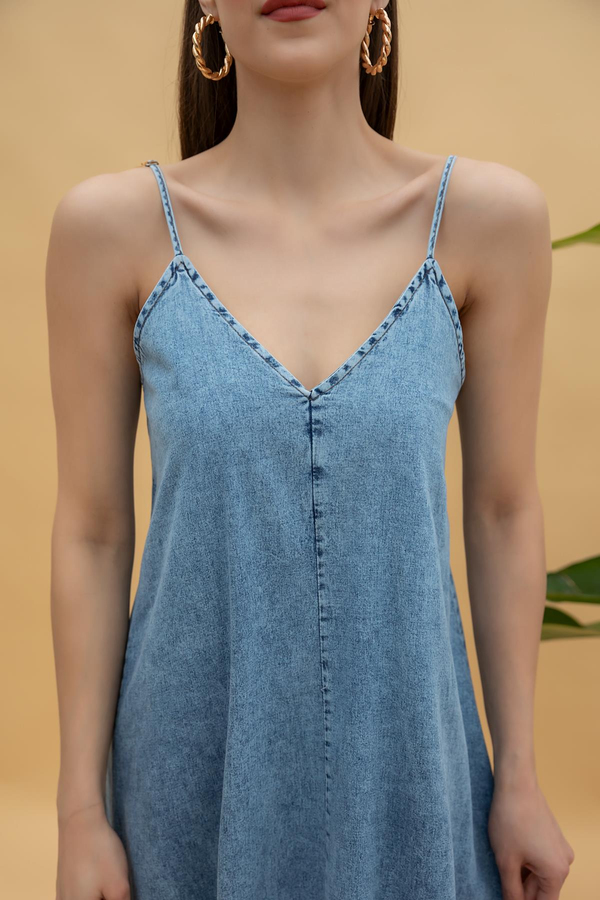 Askılı Denim Elbise - MAVİ