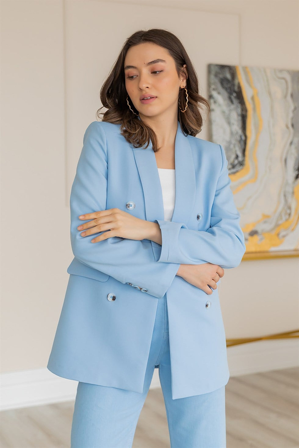 Atlas Kumaş Blazer Ceket - BEBE MAVİSİ