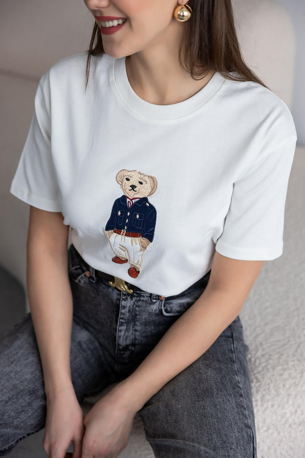 Ayıcık Baskılı T-Shirt - BEYAZ