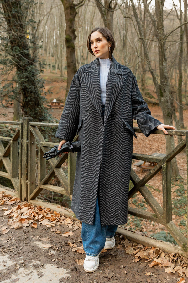 Balıksırtı Oversize Kaban - SİYAH