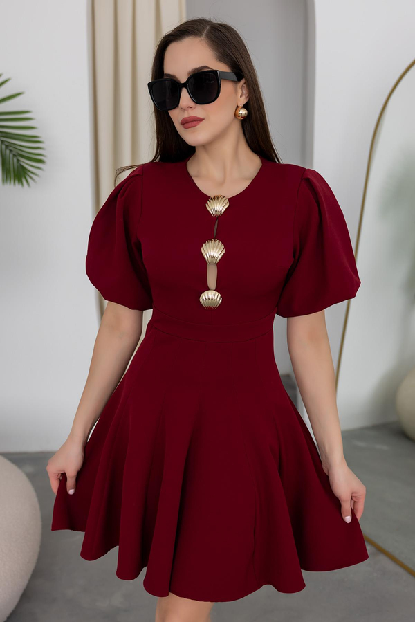Balon Kol Broşlu Mini Elbise - BORDO