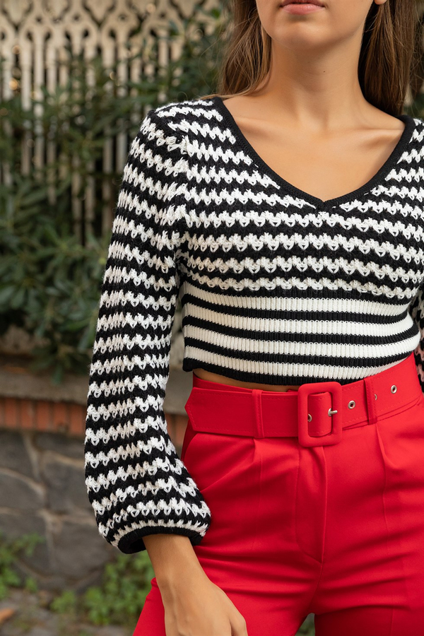 Balon Kol Crop Triko - SİYAH