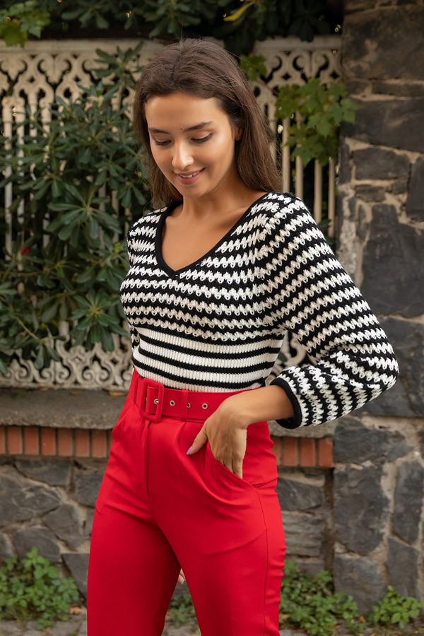 Balon Kol Crop Triko - SİYAH