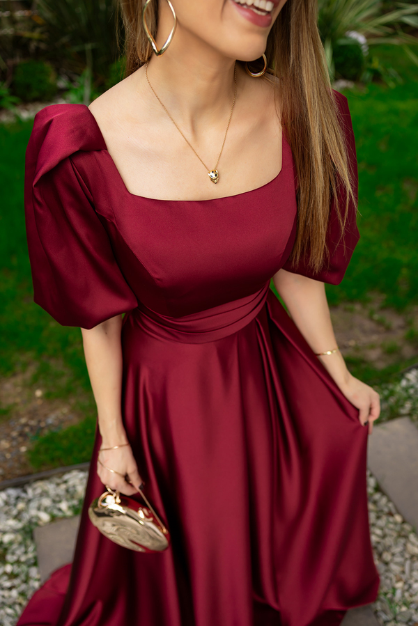 Balon Kol Saten Uzun Abiye - BORDO