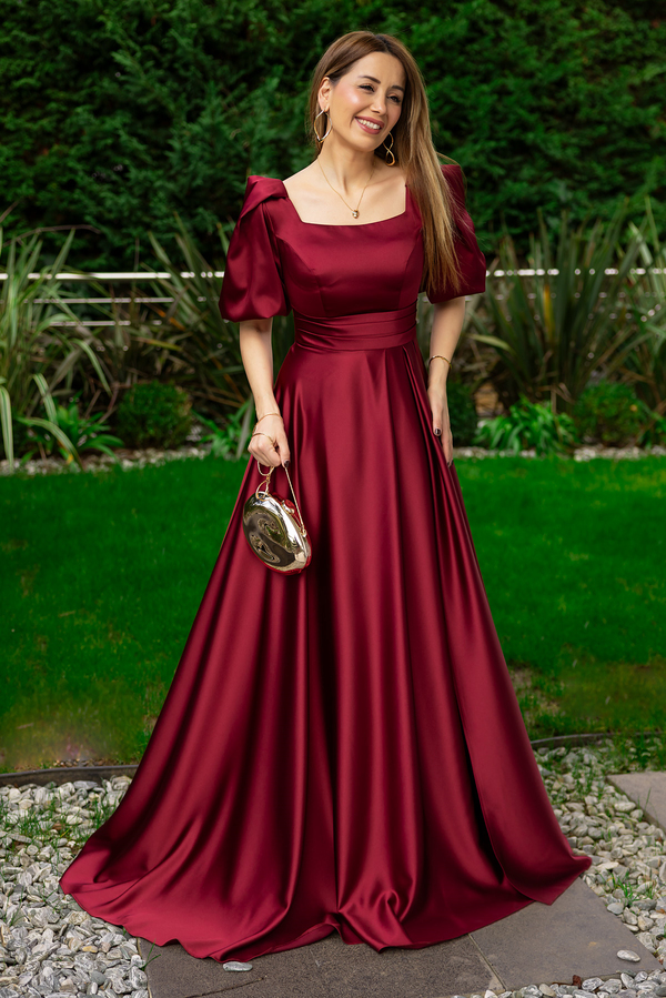 Balon Kol Saten Uzun Abiye - BORDO