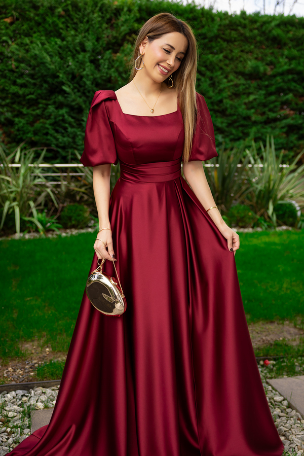 Balon Kol Saten Uzun Abiye - BORDO