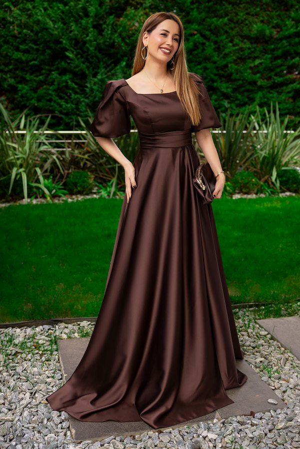 Balon Kol Saten Uzun Abiye - KAHVERENGİ