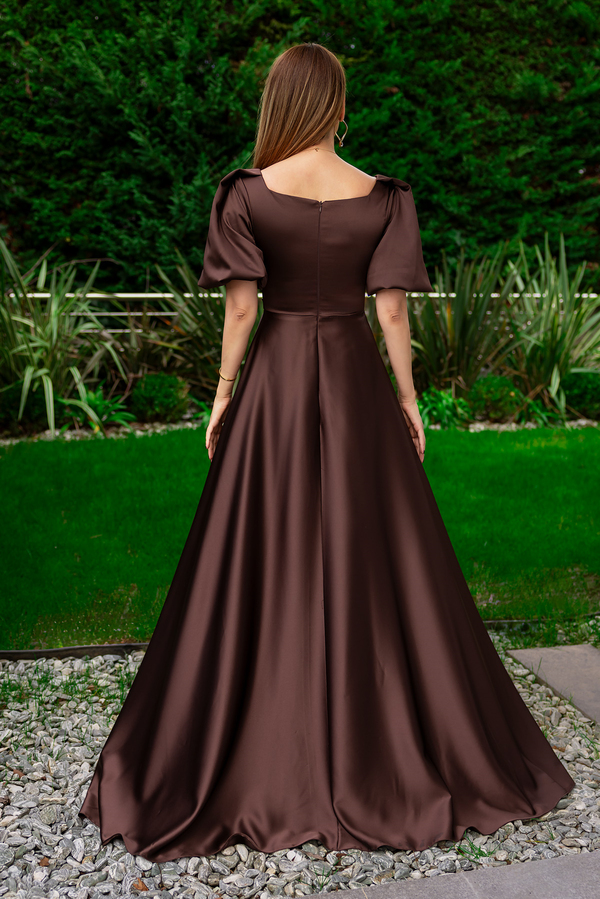 Balon Kol Saten Uzun Abiye - KAHVERENGİ