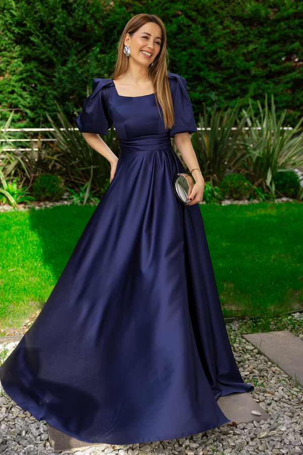 Balon Kol Saten Uzun Abiye - LACİVERT