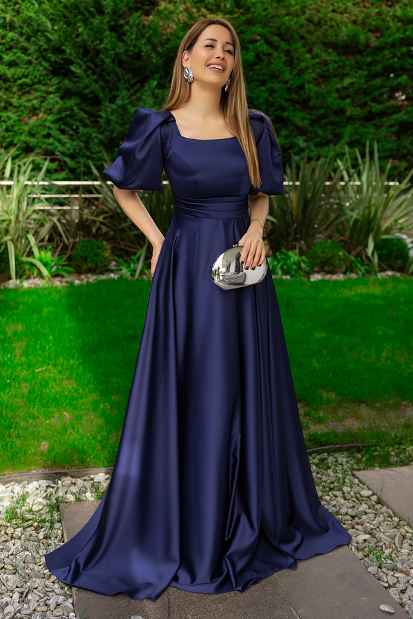 Balon Kol Saten Uzun Abiye - LACİVERT