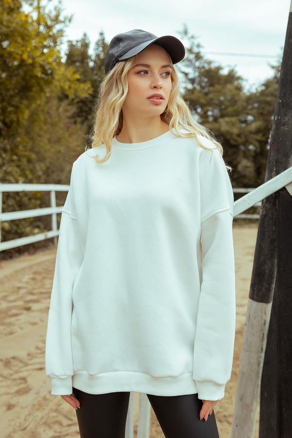 Basic Bisiklet Yaka Sweatshirt - BEYAZ