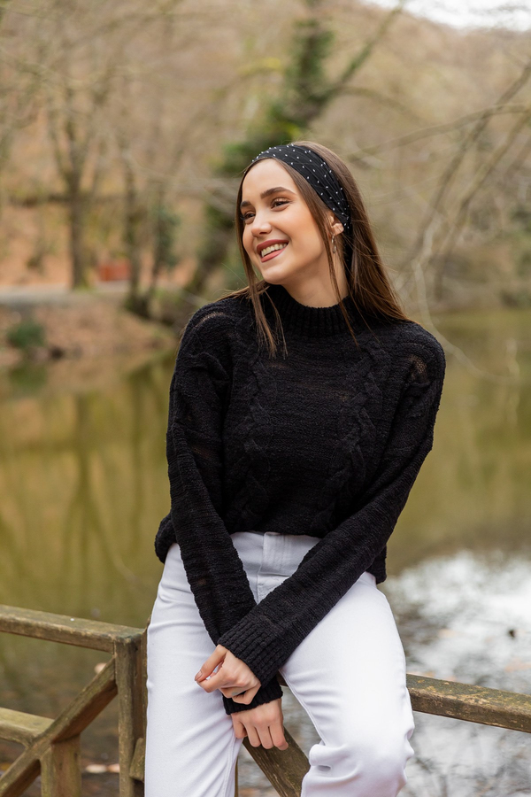 Basic Saç Örgü Kazak - SİYAH