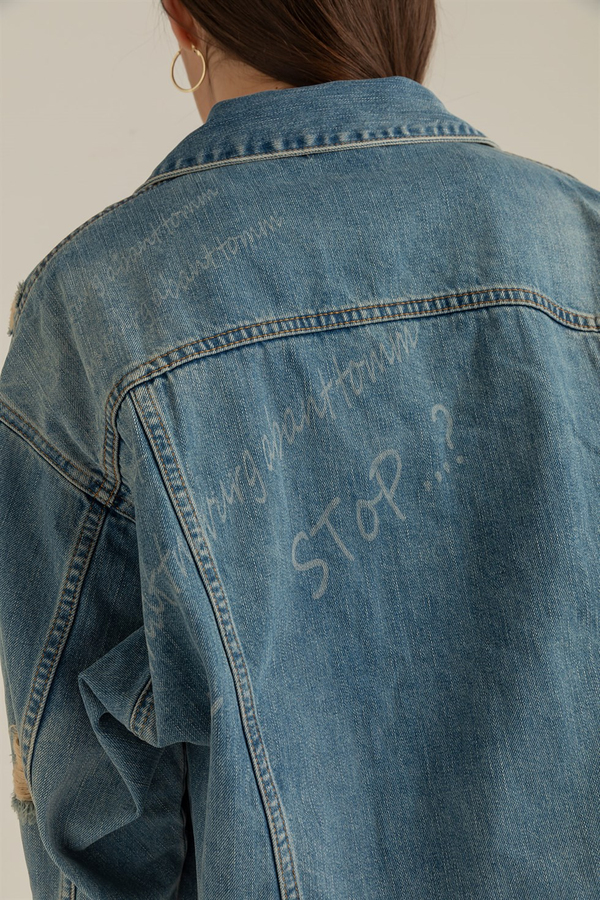 Baskılı Oversize Denim Ceket - MAVİ