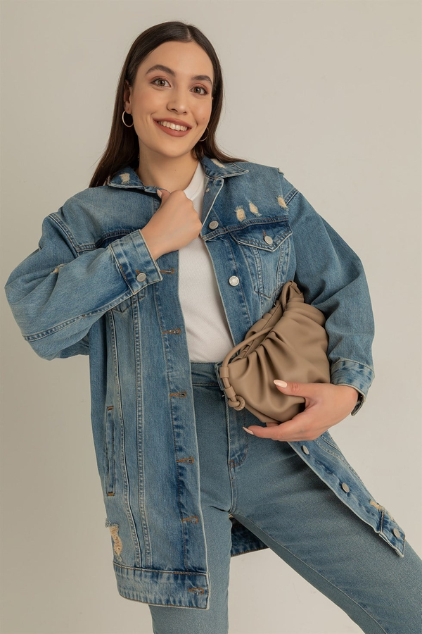 Baskılı Oversize Denim Ceket - MAVİ