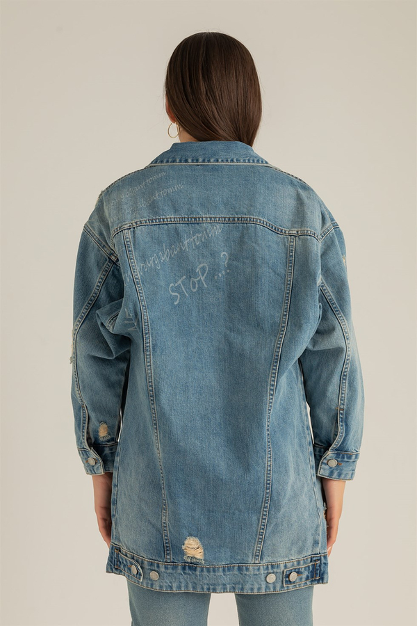 Baskılı Oversize Denim Ceket - MAVİ