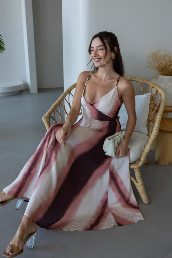 Batik Desenli Sırt Dekolteli Elbise - PEMBE