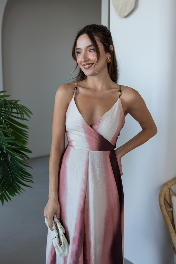 Batik Desenli Sırt Dekolteli Elbise - PEMBE