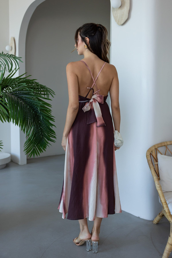 Batik Desenli Sırt Dekolteli Elbise - PEMBE