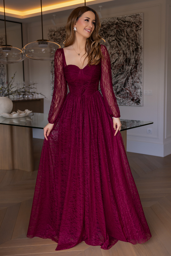 Bel Bağcıklı Dantel Abiye - BORDO