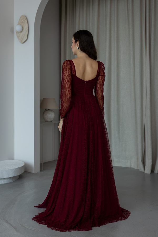 Bel Bağcıklı Dantel Abiye - BORDO