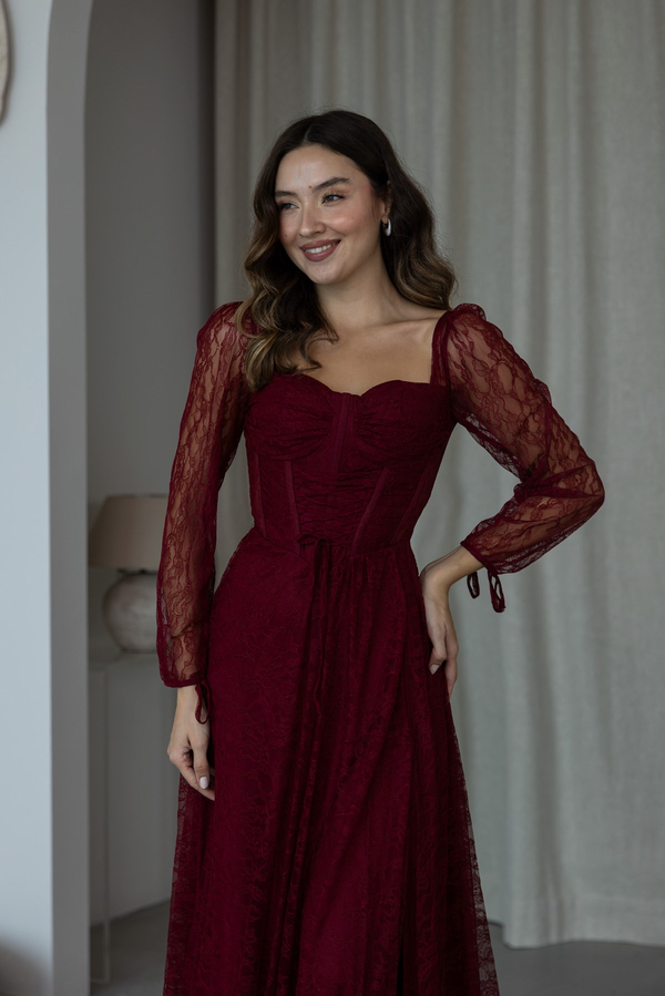 Bel Bağcıklı Dantel Abiye - BORDO