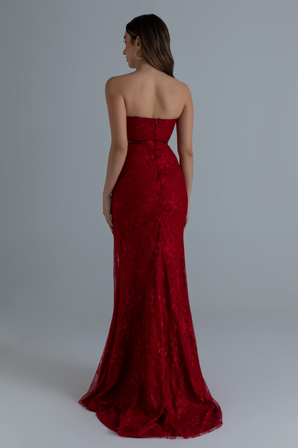 Bel Transparan Dantelli Abiye - KIRMIZI