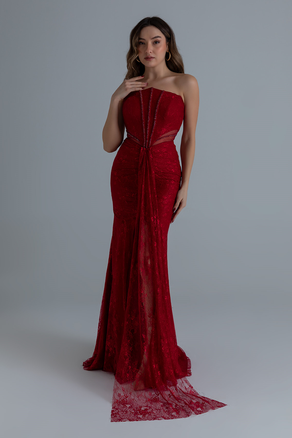 Bel Transparan Dantelli Abiye - KIRMIZI