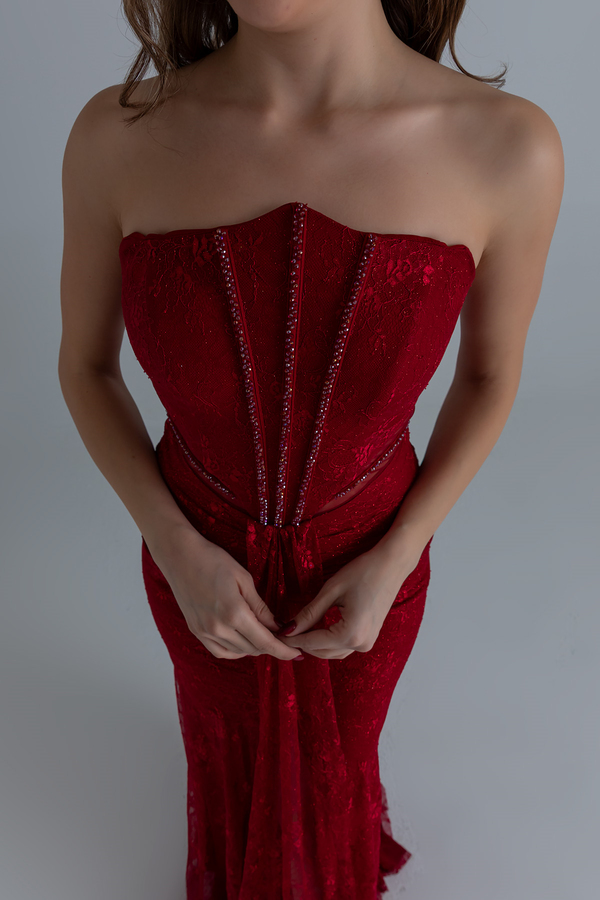 Bel Transparan Dantelli Abiye - KIRMIZI