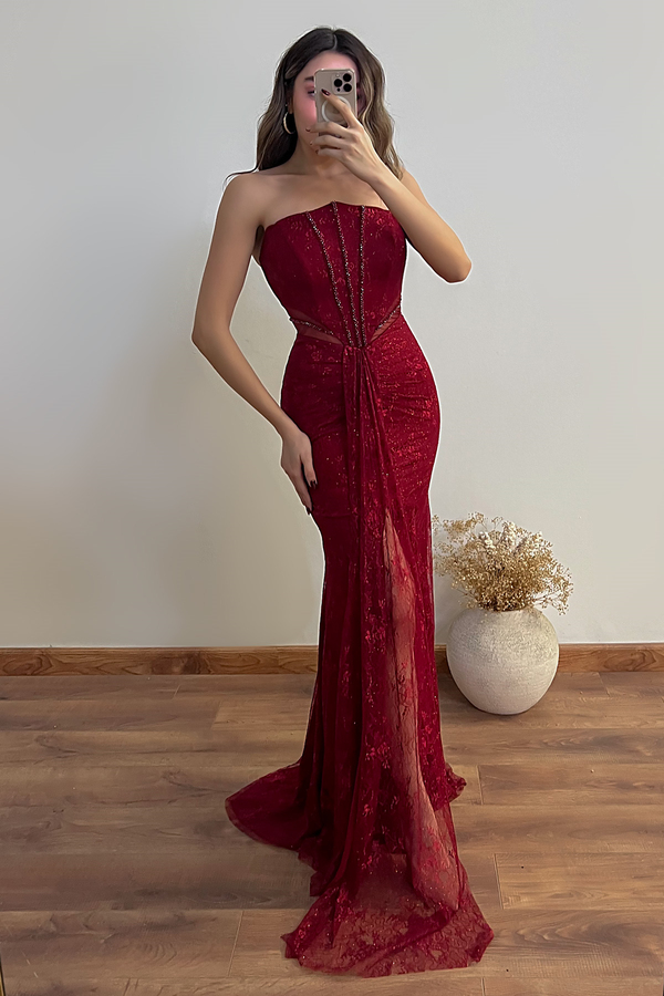 Bel Transparan Dantelli Abiye - KIRMIZI