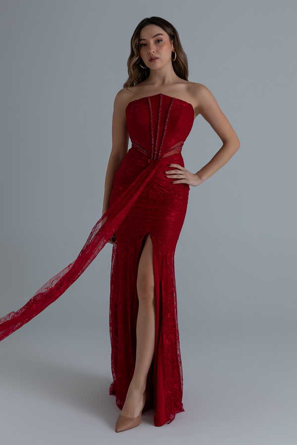 Bel Transparan Dantelli Abiye - KIRMIZI