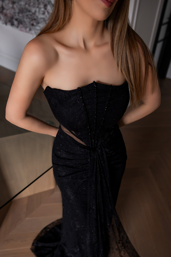 Bel Transparan Dantelli Abiye - SİYAH