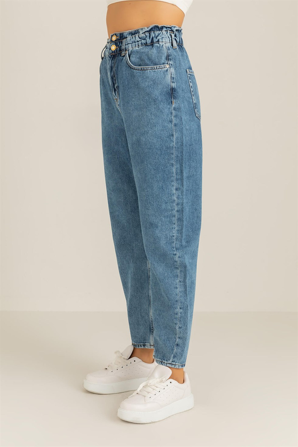 Beli Lastikli Mom Jean - MAVİ