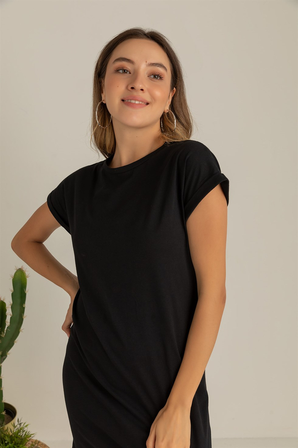 Bisiklet Yaka Basic Elbise - SİYAH