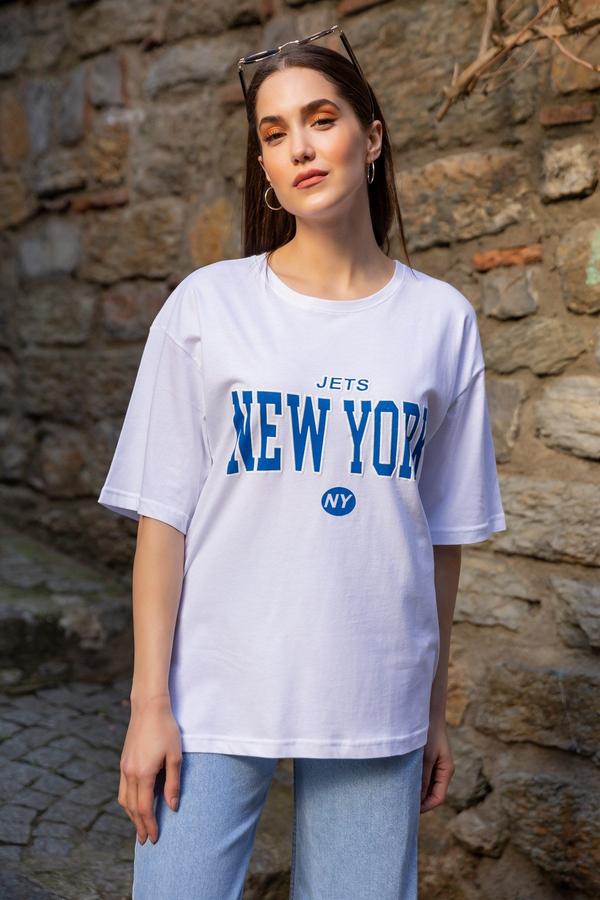 Bisiklet Yaka Yazılı T-Shirt - BEYAZ