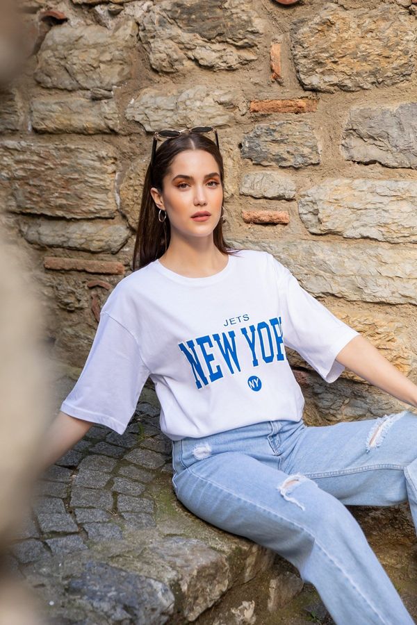 Bisiklet Yaka Yazılı T-Shirt - BEYAZ