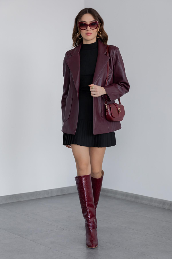 Blazer Suni Deri Ceket - BORDO