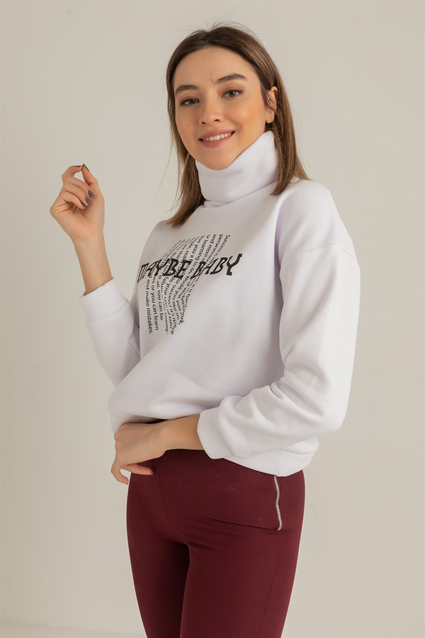 Boğazlı Baskılı Sweat - BEYAZ