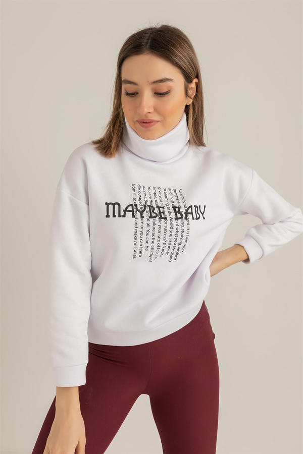 Boğazlı Baskılı Sweat - BEYAZ