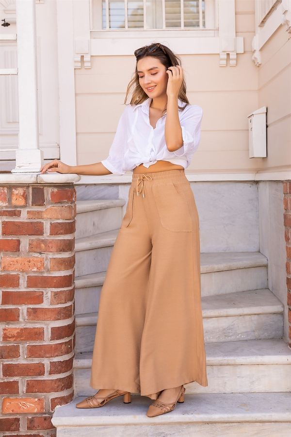 Bol Paça Cepli Keten Pantolon - CAMEL