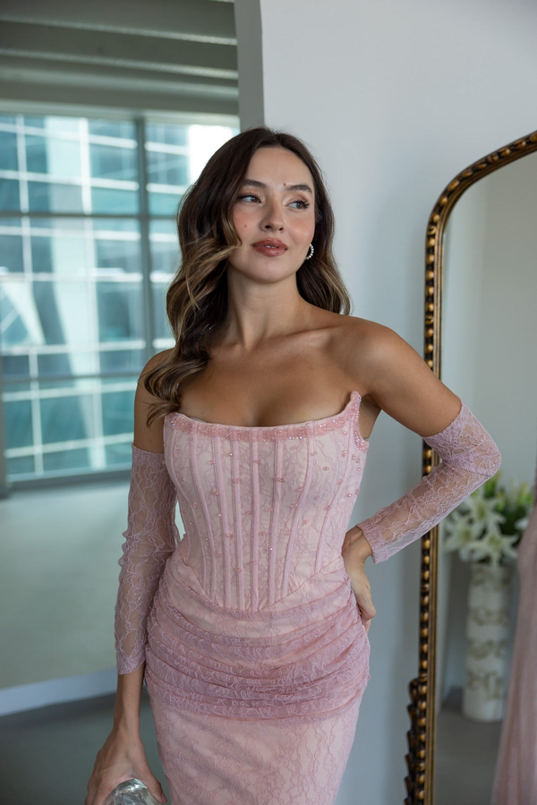 Boncuk İşlemeli Dantel Abiye - PEMBE