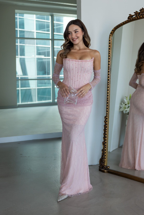 Boncuk İşlemeli Dantel Abiye - PEMBE