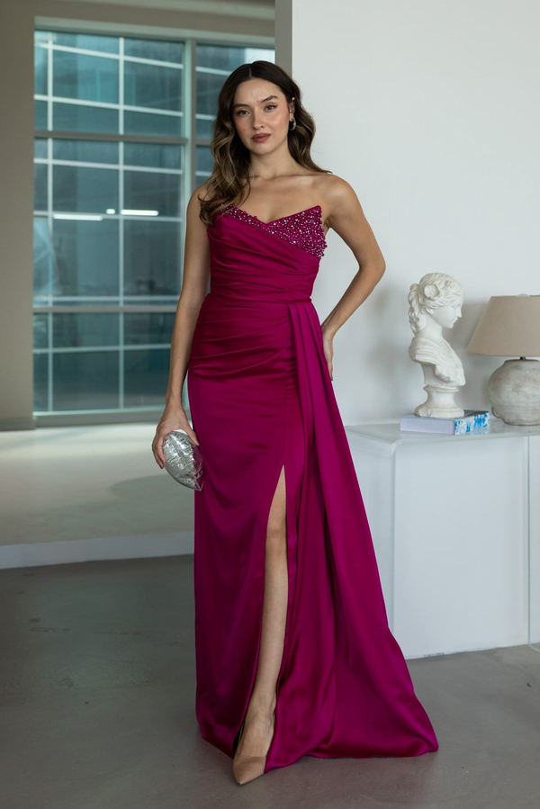 Boncuk İşlemeli Drape Detaylı Abiye - FUŞYA