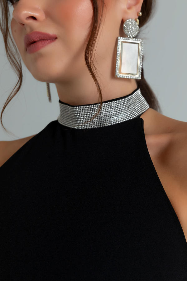 Boyun Taşlı Balık Abiye - SİYAH