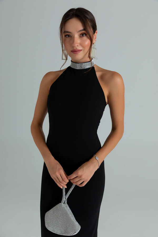 Boyun Taşlı Balık Abiye - SİYAH