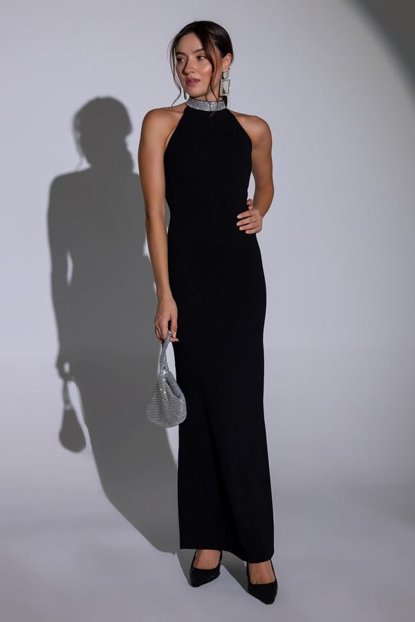 Boyun Taşlı Balık Abiye - SİYAH